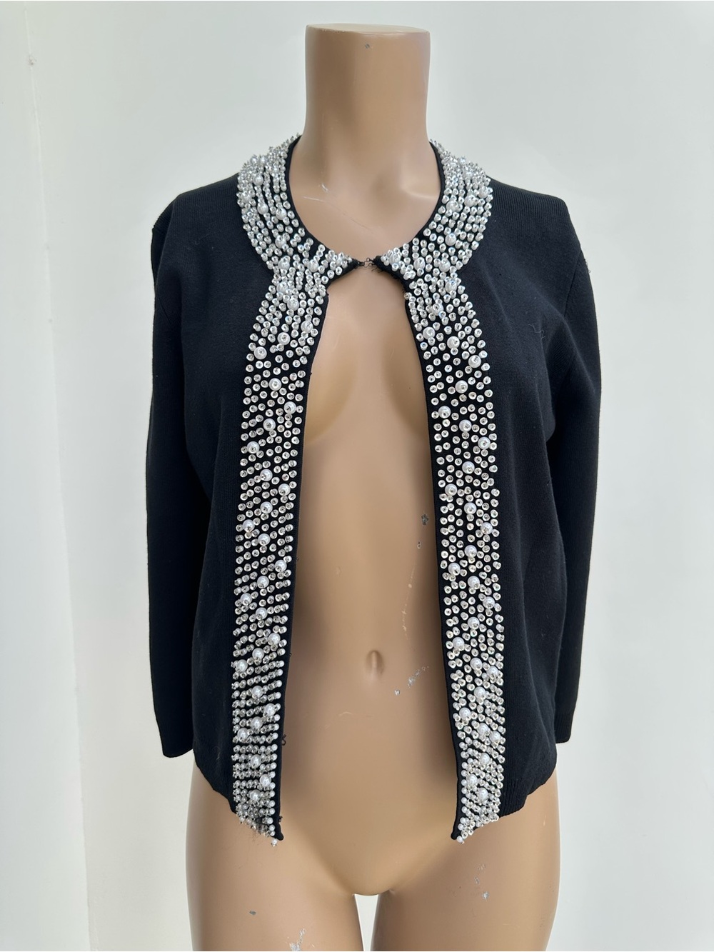 EVIE Black Open-Front Cardigan with Pearl Silver sequence Trim